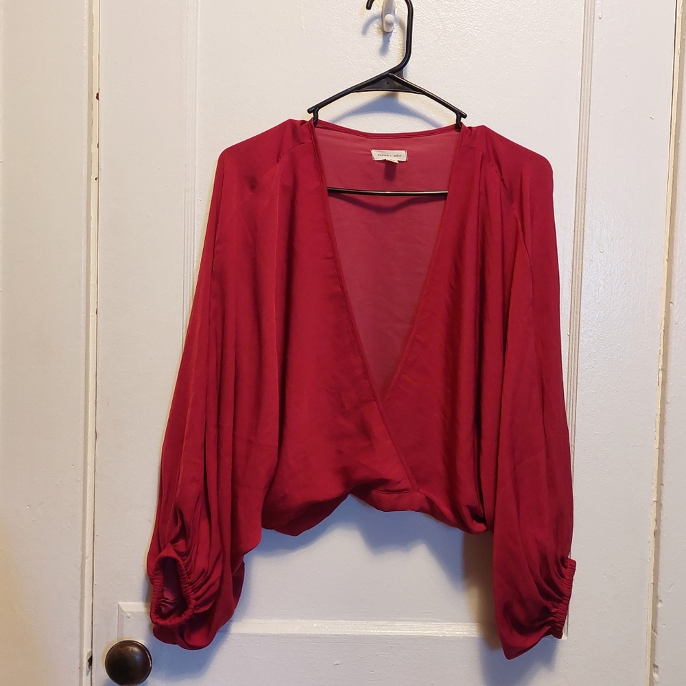 Urban Outfitters Silence + Noise Red Deep V Long Sleeve Wrap Bat Wing Blouse